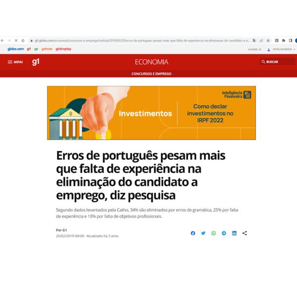 Matéria de jornal do Globo falando sobre a importância de falar escrever bem para a carreira