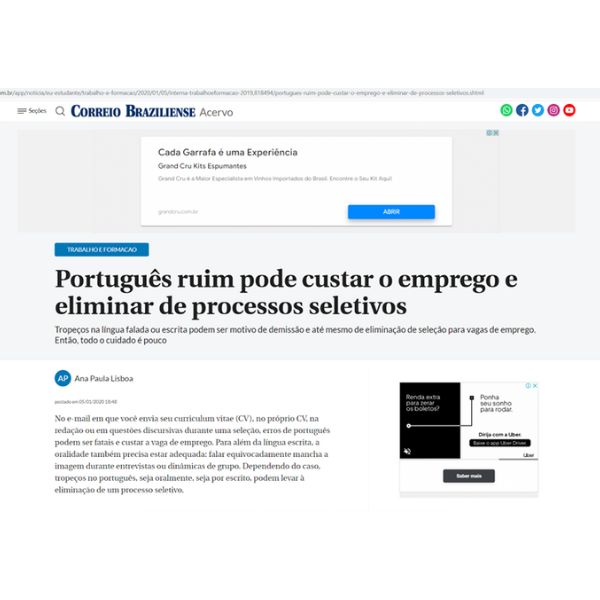 Matéria de jornal Correio brasiliense falando sobre a importência de falar escrever bem para a carreira